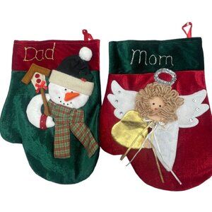 handmade Mom Dad Christmas mitten stockings set of 2 angle snowman velvet READ
